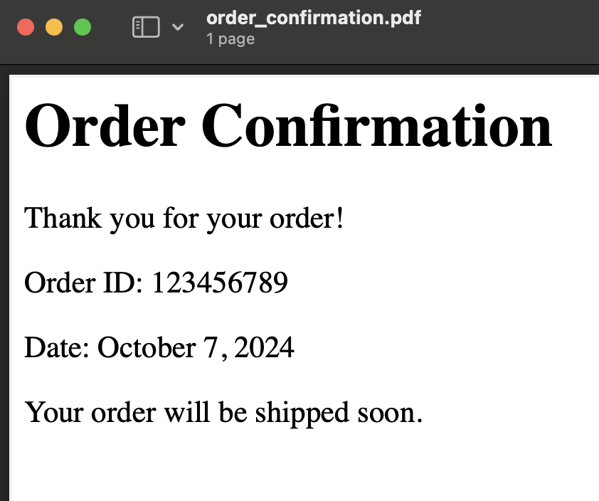 Generated order confirmation in PDF format